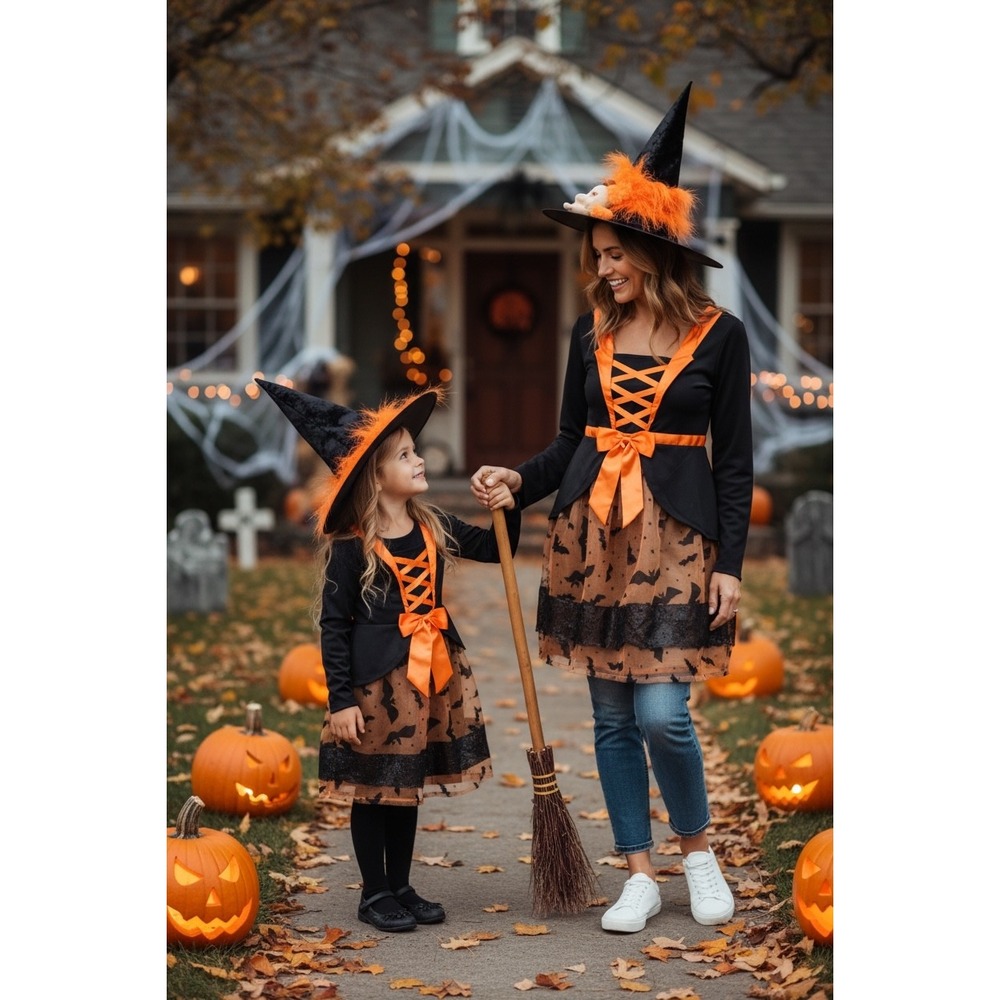 Witch Costume Halloween Dress‎ Up Cosplay Orange Black Bats Girls